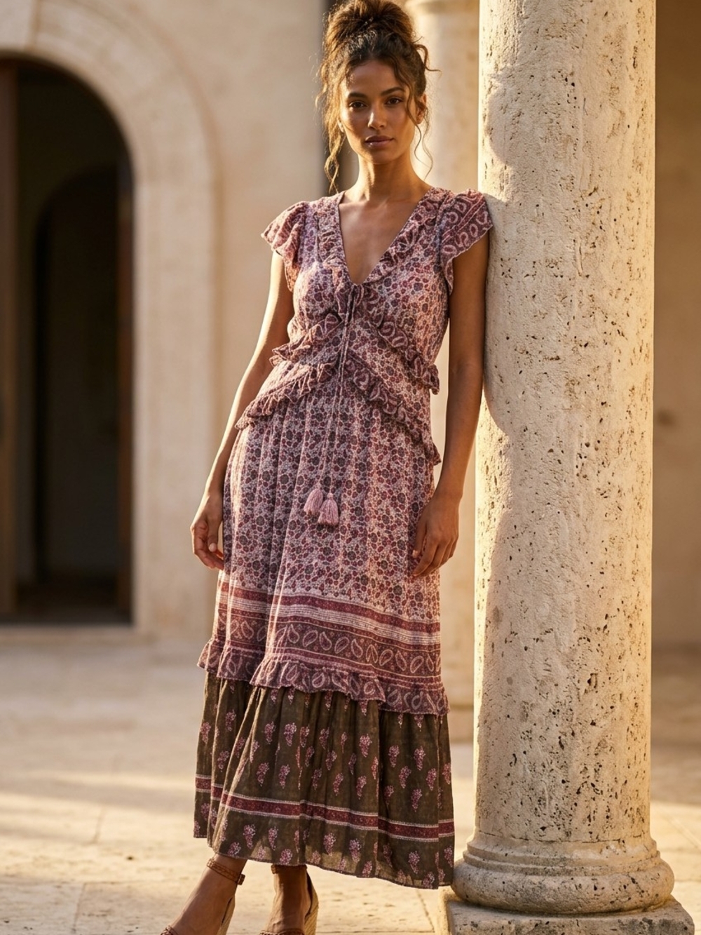 Faherty Mauve Floral Tiered Maxi Dress